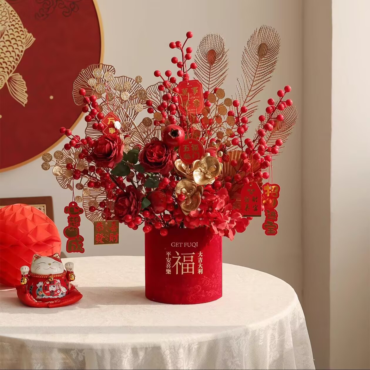 年宵花福桶假花仿真花摆设客厅冬青发财红果新年装饰乔迁花艺摆件