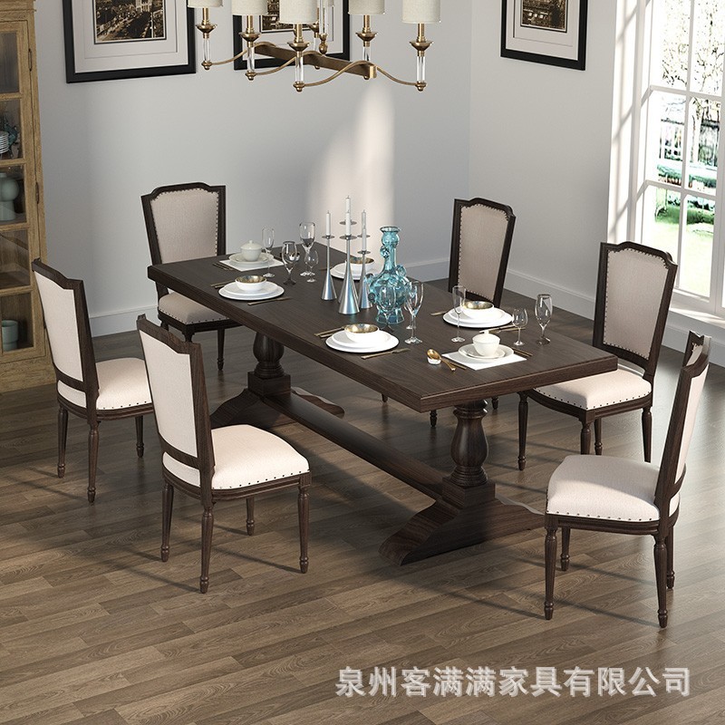 美式实木轻奢复古餐桌椅简约现代客厅家用会客长桌子原木做旧饭桌
