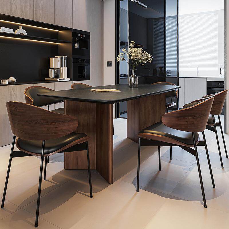 复古风黑胡桃色实木中古餐桌椅组合现代简约长方形小户型岩板餐桌