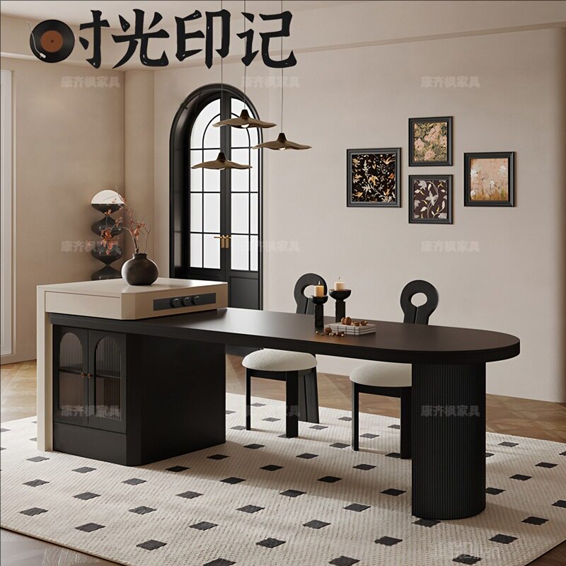岩板可伸缩中岛一体圆餐桌椅