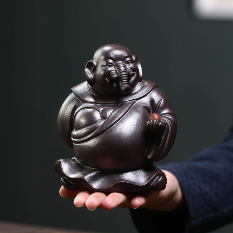 宜兴紫砂茶宠大象摆件雕塑手工精品茶具茶道办公桌象神装饰批发