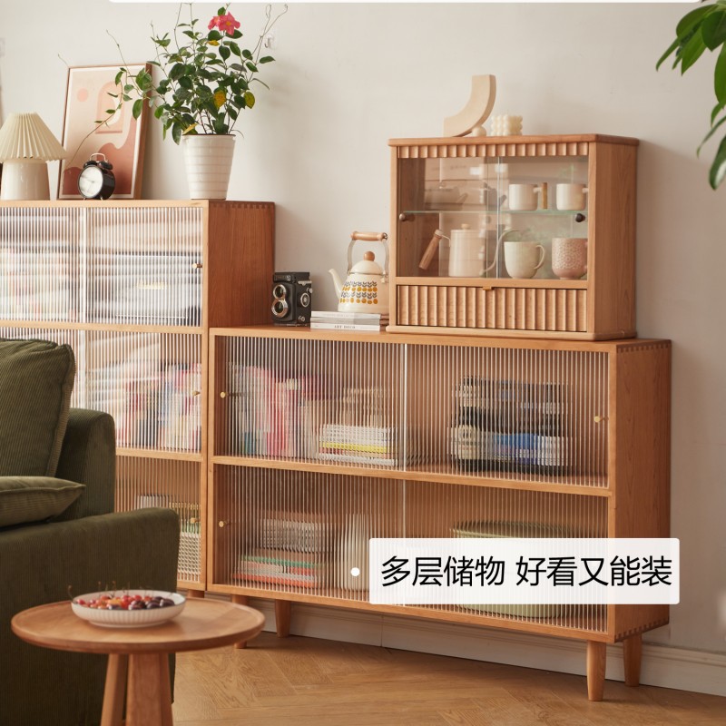 实木落地收纳柜北欧樱桃木玻璃门矮书架现代简约书房儿童小边柜
