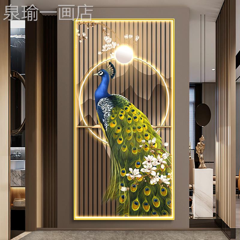 网红孔雀新中式玄关挂正门走尽头寓对意好入装饰画发廊光高档户壁