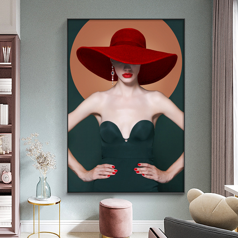 网红轻奢人物装饰画个性创意帽美女客厅关玄走廊挂画衣间壁美容院图片