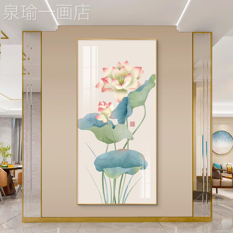 网红新中式玄关挂装饰画道现代约茶走廊过壁画水墨荷花竖版简室书图片