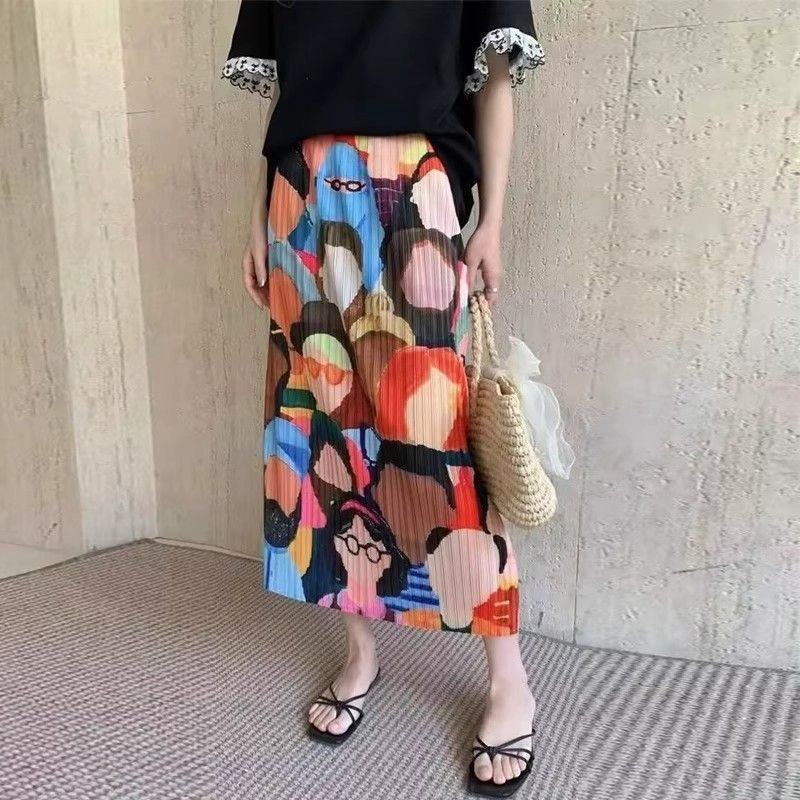 褶皱半身裙夏季薄款高腰中长裙遮肉显瘦松紧腰百搭直筒开叉百褶裙,女装/女士精品,大码半身裙,淘宝优惠券,粉丝福利购,淘宝优惠卷