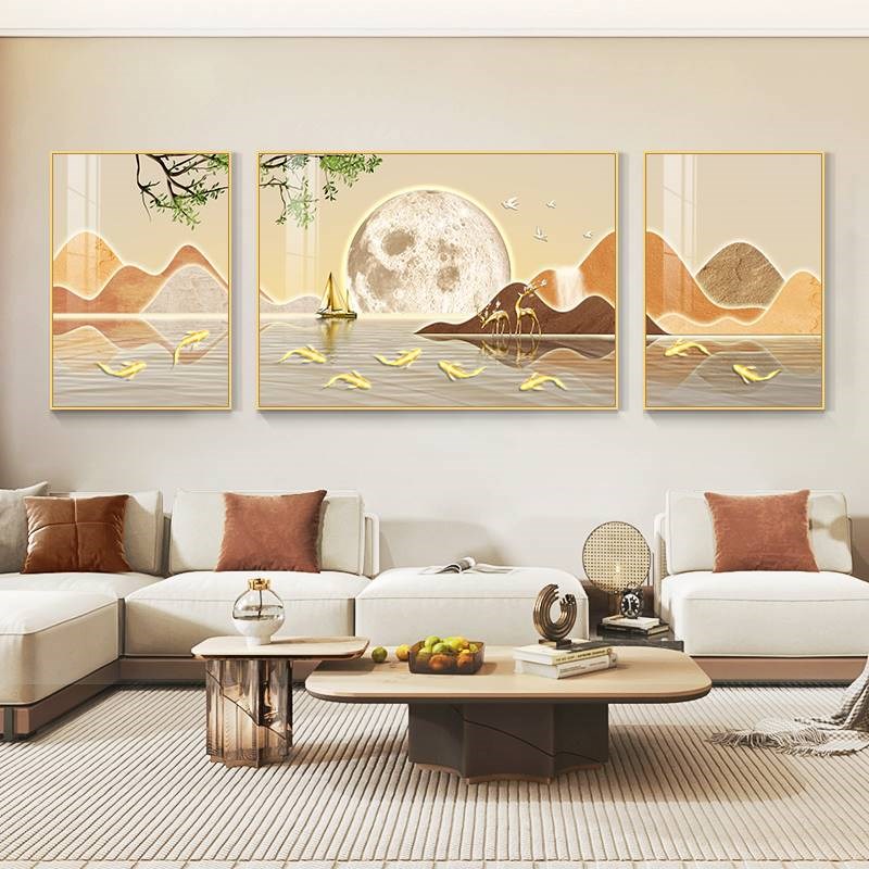 客厅装饰画现代轻奢九鱼图沙发背景墙F挂画简约大气高级感三联壁图片