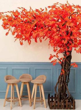 黄色背景假搭配榕树红叶仿真餐厅墙装扮真枫树度假村防秋天绿商场