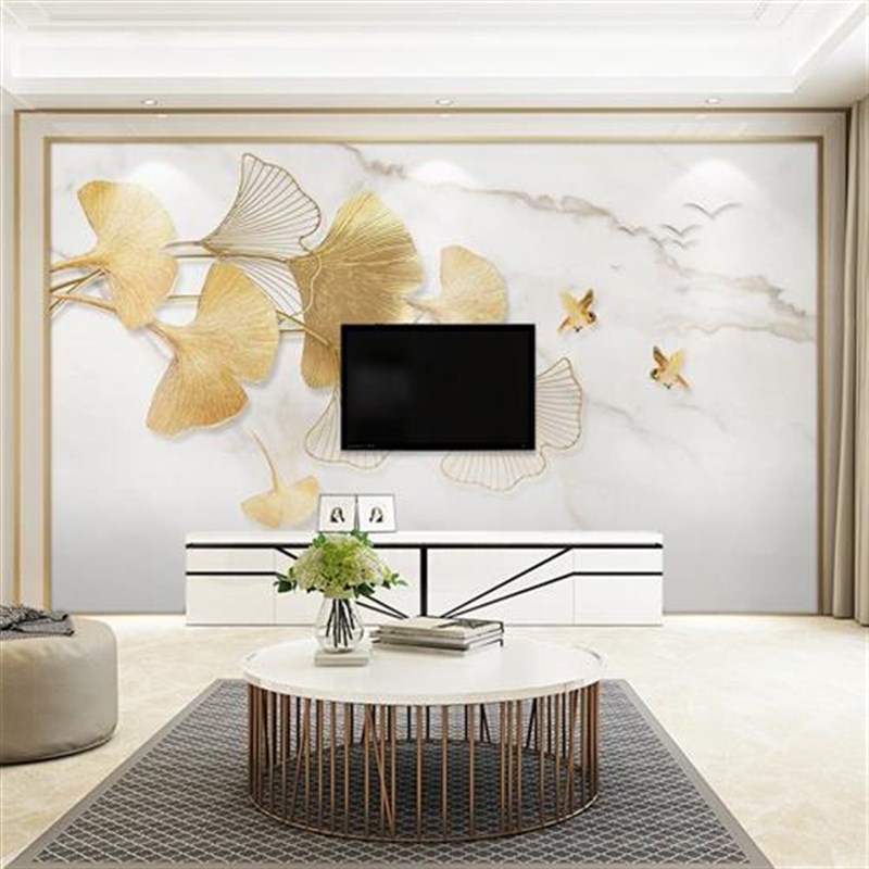 轻奢电视背景墙布l3银杏叶客厅沙发装饰壁画简约总统套房餐厅墙纸