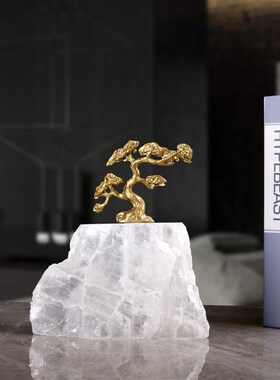 轻奢迎客松摆件天然石底座客厅玄关柜样板间R电视柜家居装饰品