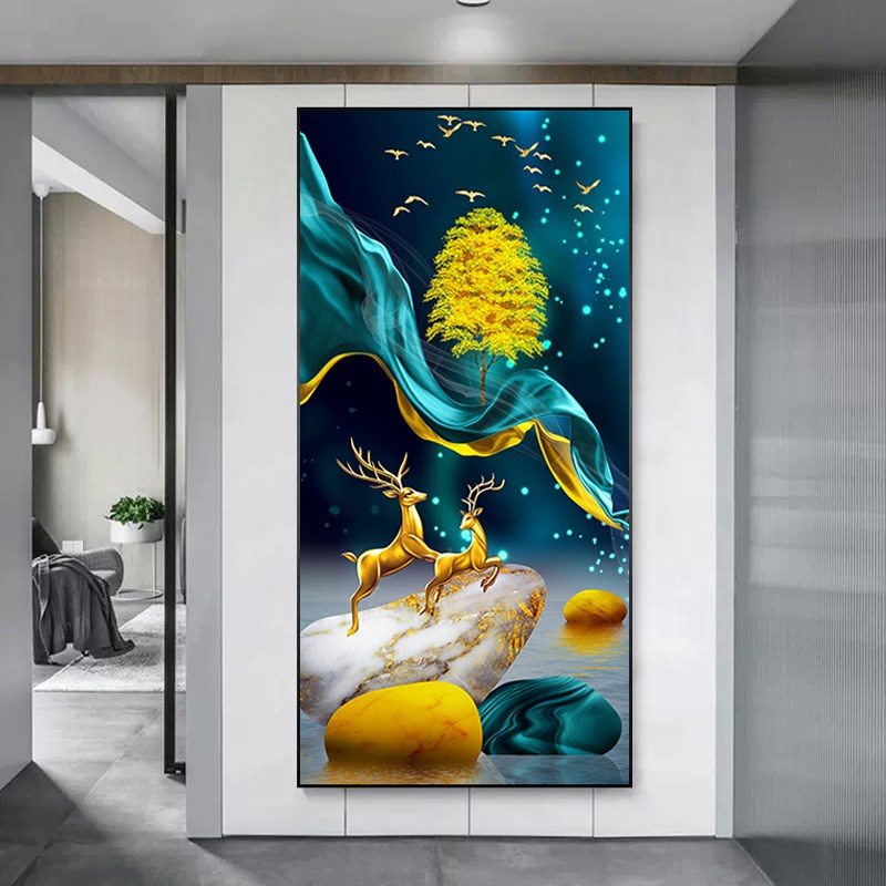 福禄九鱼玄关背景墙装饰挂画现代简约入户门客Q厅走廊壁画过道竖图片