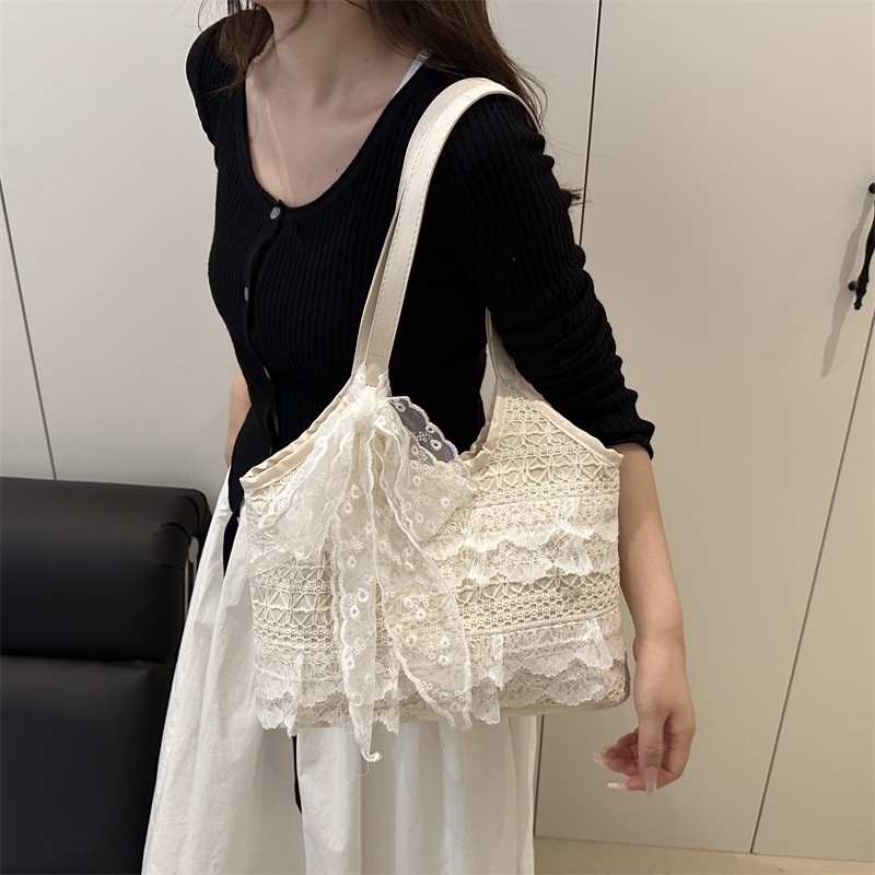 休闲度假甜美风托特包简约潮流仙气儿女士单肩包小众蕾丝斜挎包