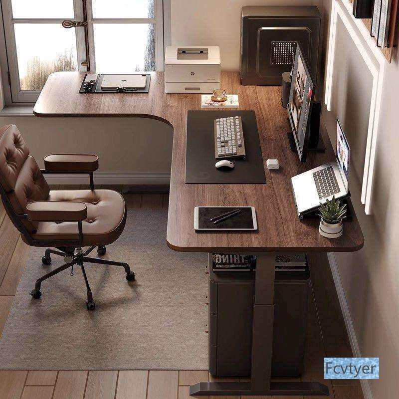 妆誉黑胡桃木调节型电动智能可升降实木转角书桌电竞桌电脑桌子