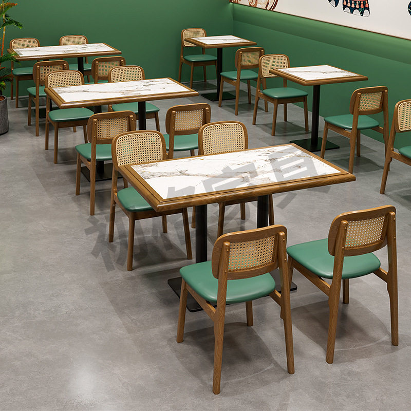 实木编藤卡座沙发西餐厅茶楼商用椅子火锅奶茶店桌椅组合卡座沙发
