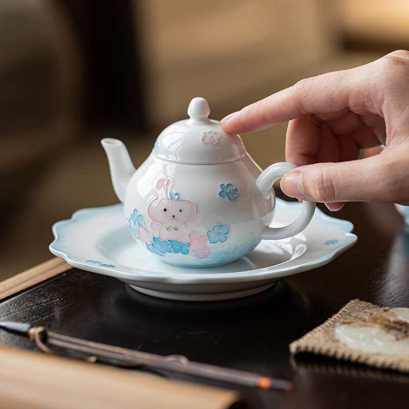 明泉茶斋手绘萌趣小兔陶瓷茶壶家用茶具梨型壶带过滤球孔泡茶器