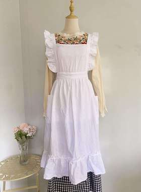 新款方领甜美田园花艺师文艺棉麻复古厨房烘焙法式纯色荷叶边围裙