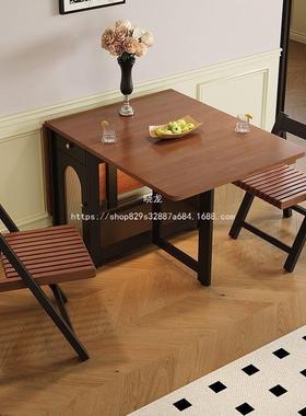晓龙中古风实木折叠餐桌小户型可移动长方形隐形饭桌家用客厅法式