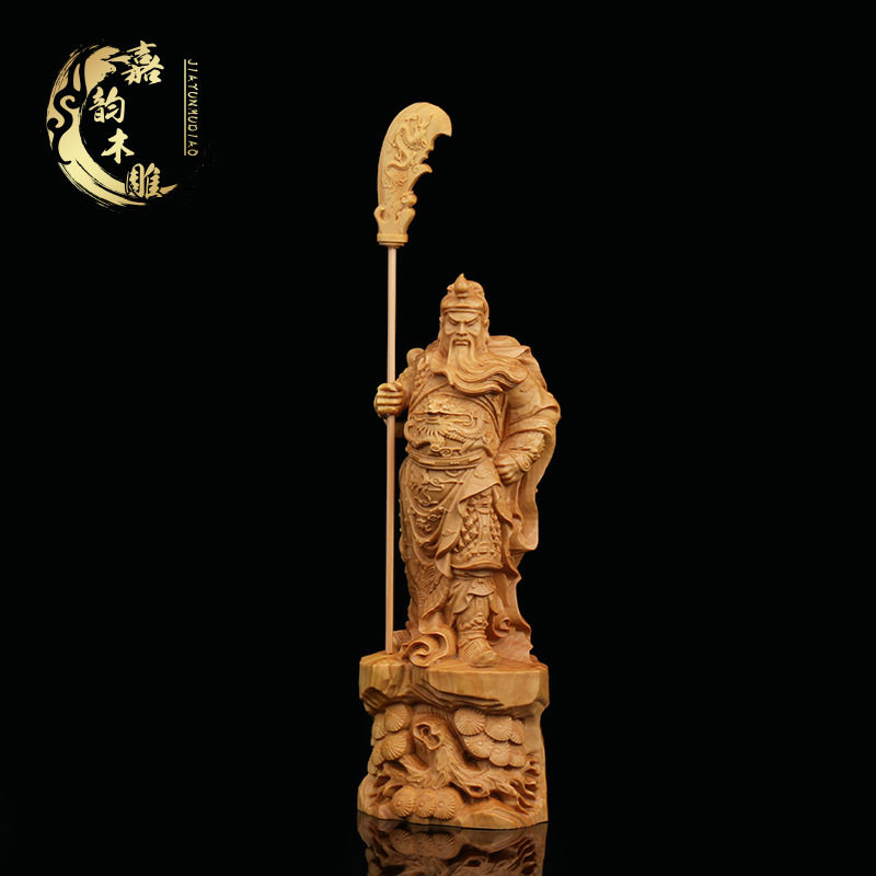 黄杨木雕关公武财神车载摆件