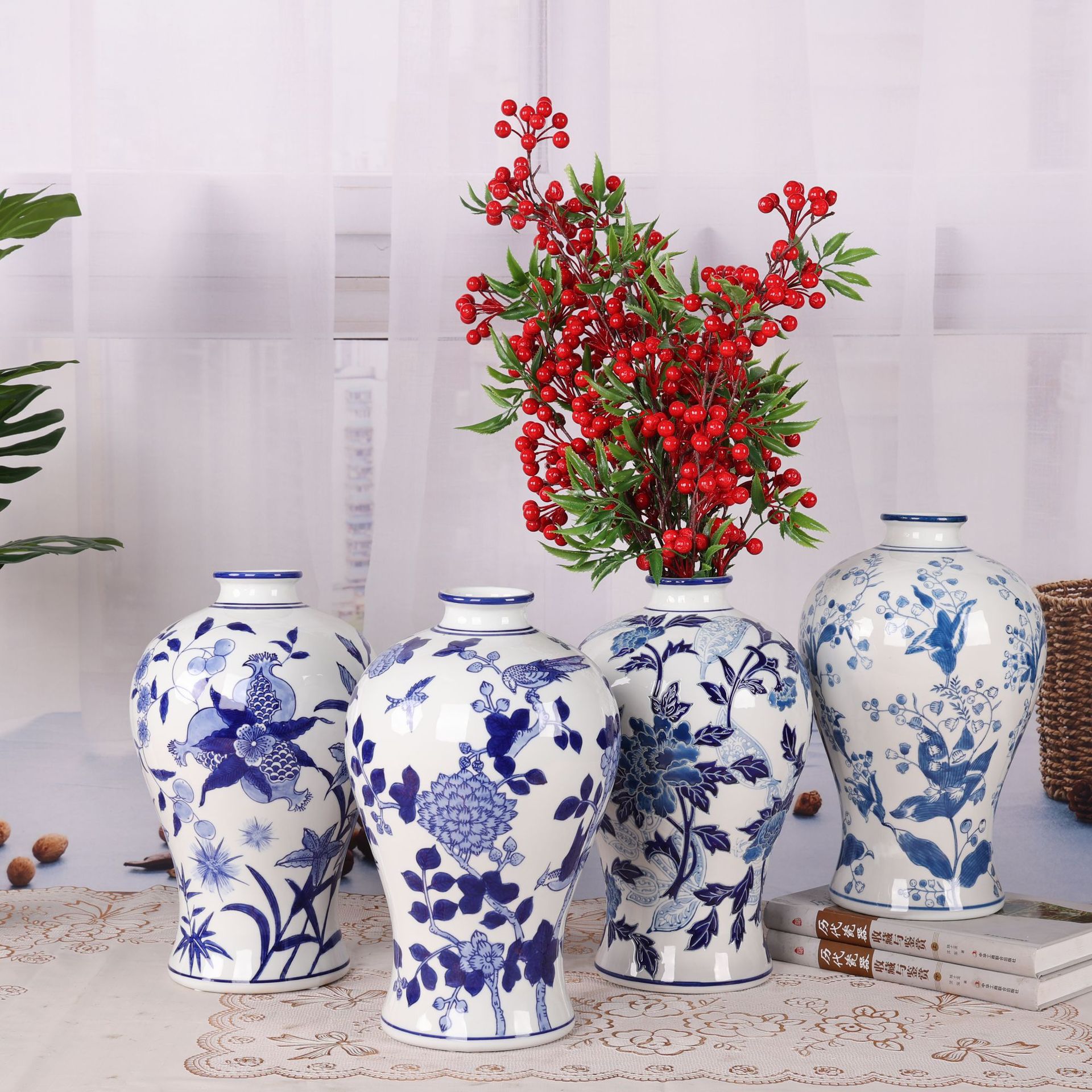 家居餐桌青花瓷陶瓷花瓶新中式家居插花摆件复古古典花瓶家居饰品