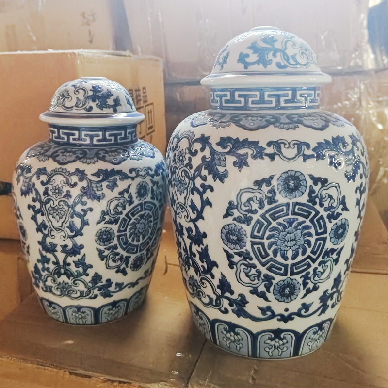 中式青花瓷创意灯座装饰品客厅样板房布景陶瓷花瓶工艺品摆件