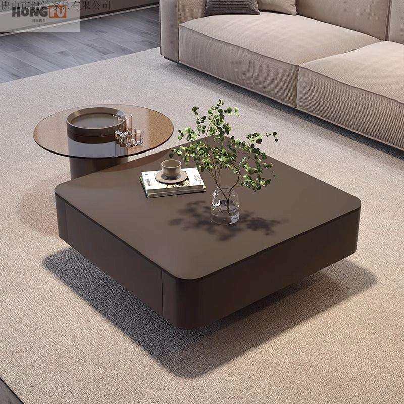 鸿福高级感轻奢意式方形岩板茶几小户型现代简约客厅家用黑色茶桌