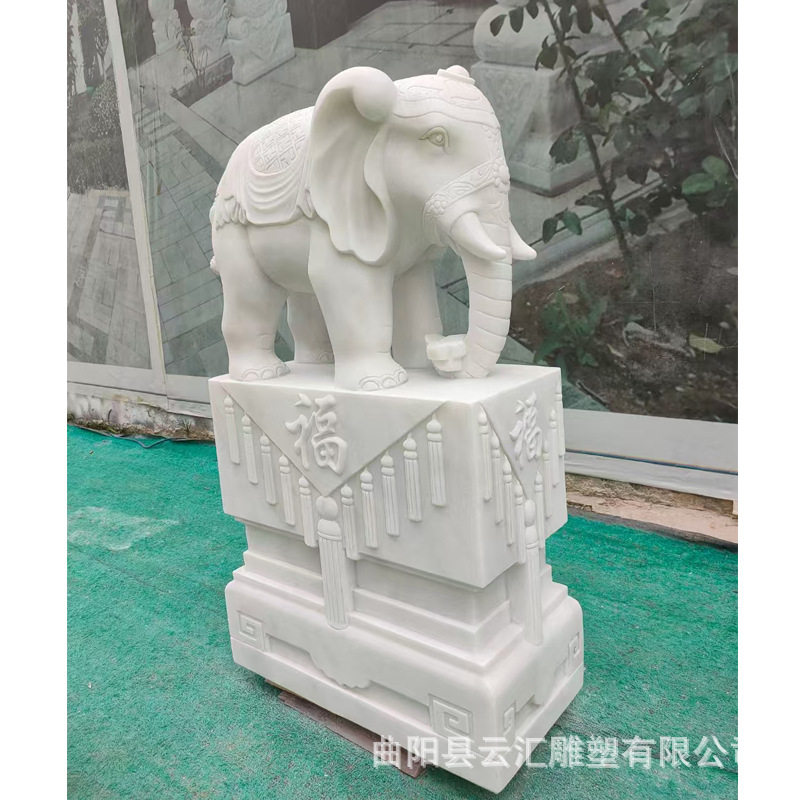 汉白玉大象一对抱鼓石门墩招财