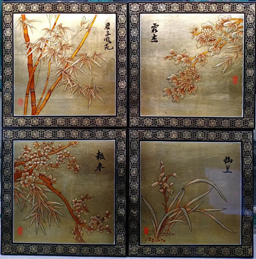 推光漆器工艺画客厅墙画传统手工贴金彩绘漆艺古风高堆漆画装饰画