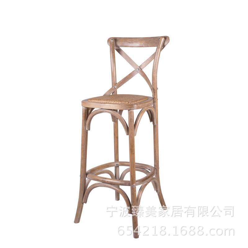 美式实木高脚吧椅简约时尚酒吧凳子靠背橡木家具复古 吧台椅子