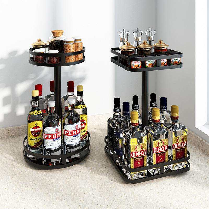 厨房调料收纳旋转放香料架转角调味品置物架两层不锈钢转盘调味架