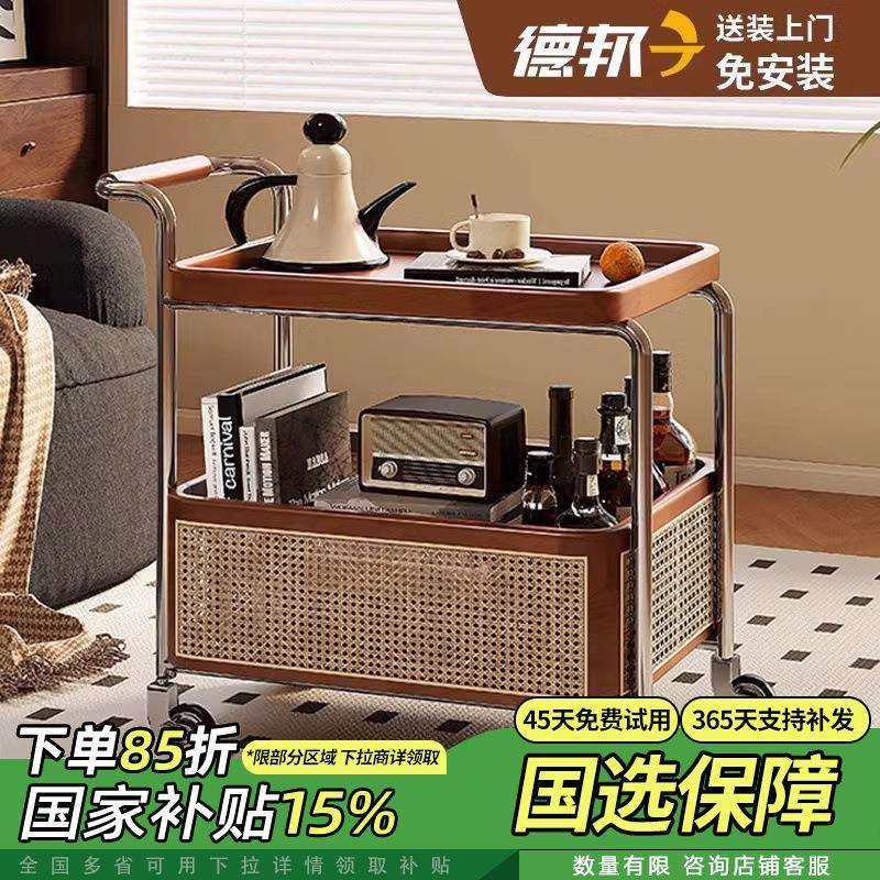 可移动边几小推车客厅沙发茶几新款中古风实木厨房收纳置物架餐车
