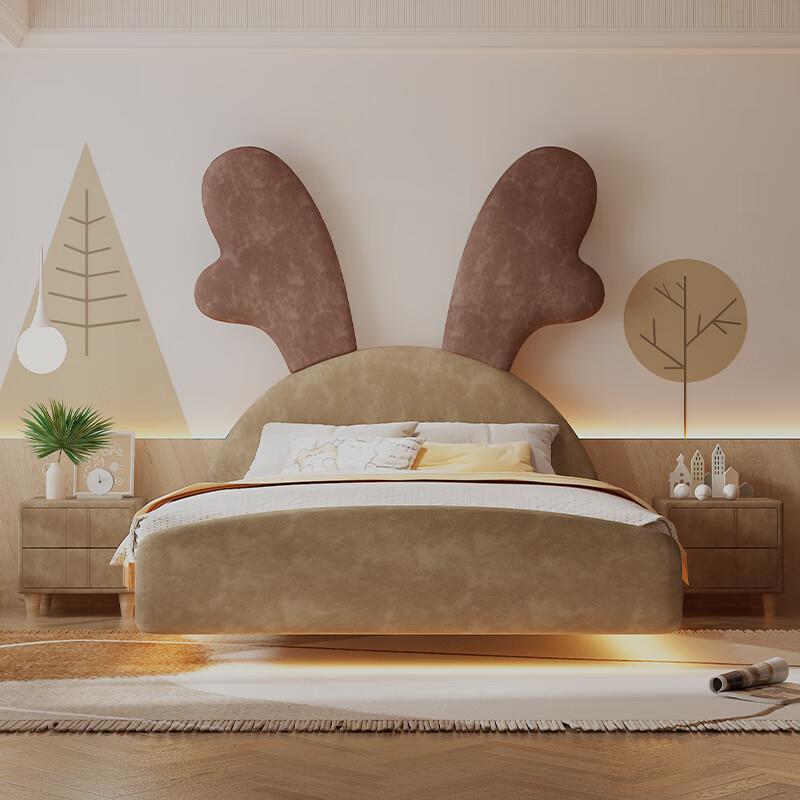 儿童床男孩女孩悬浮床现代简约1米5实木单人床小鹿温馨奶