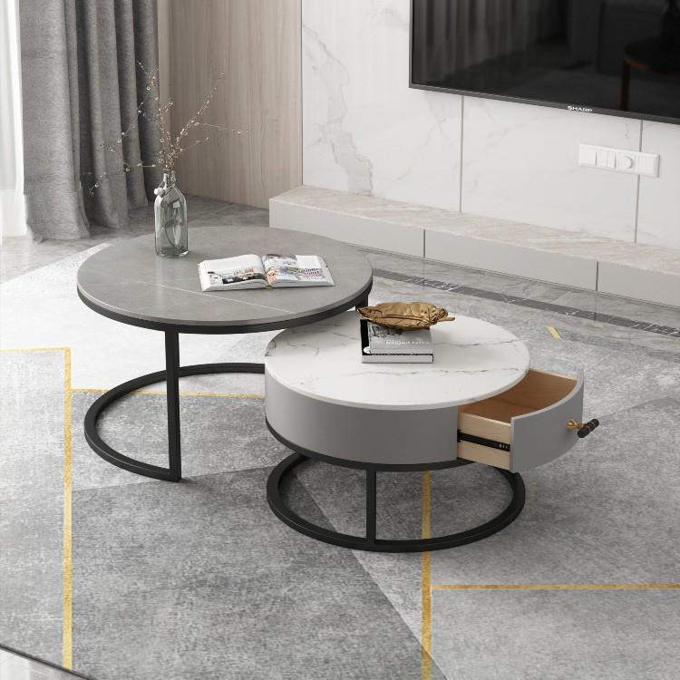 岩板茶几桌客厅家用轻奢现代大理石圆形组合小户型网红简约风茶台