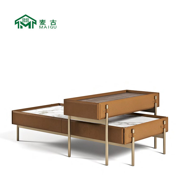 麦古北欧现代轻奢简约客厅别墅马鞍皮双层组合仿大理石茶几家具