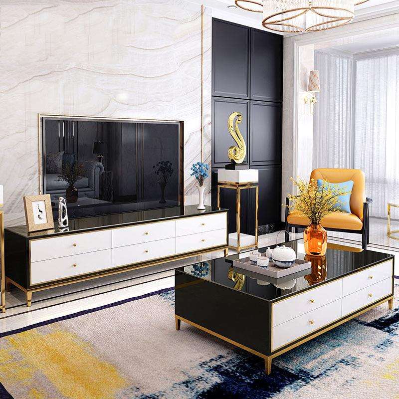 简约茶几电视柜组合套装客厅黑白茶桌不锈钢玻璃黑色地柜家用