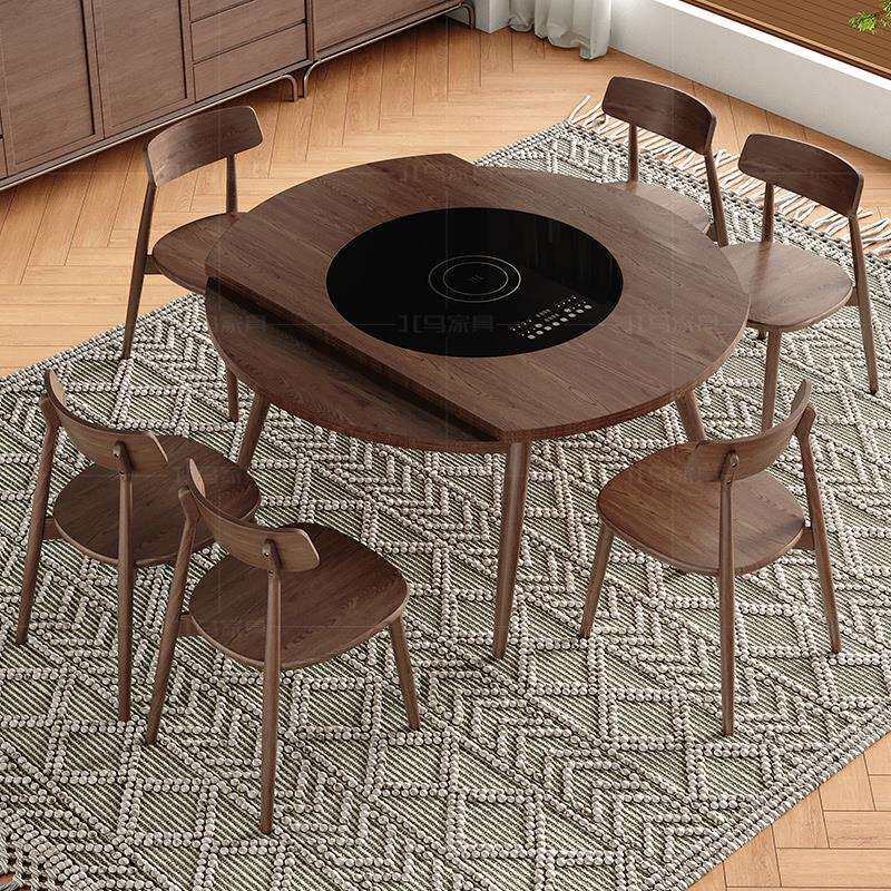 9C北马实木餐桌椅组合多功能暖菜电磁炉转盘白腊木伸缩折叠可变圆