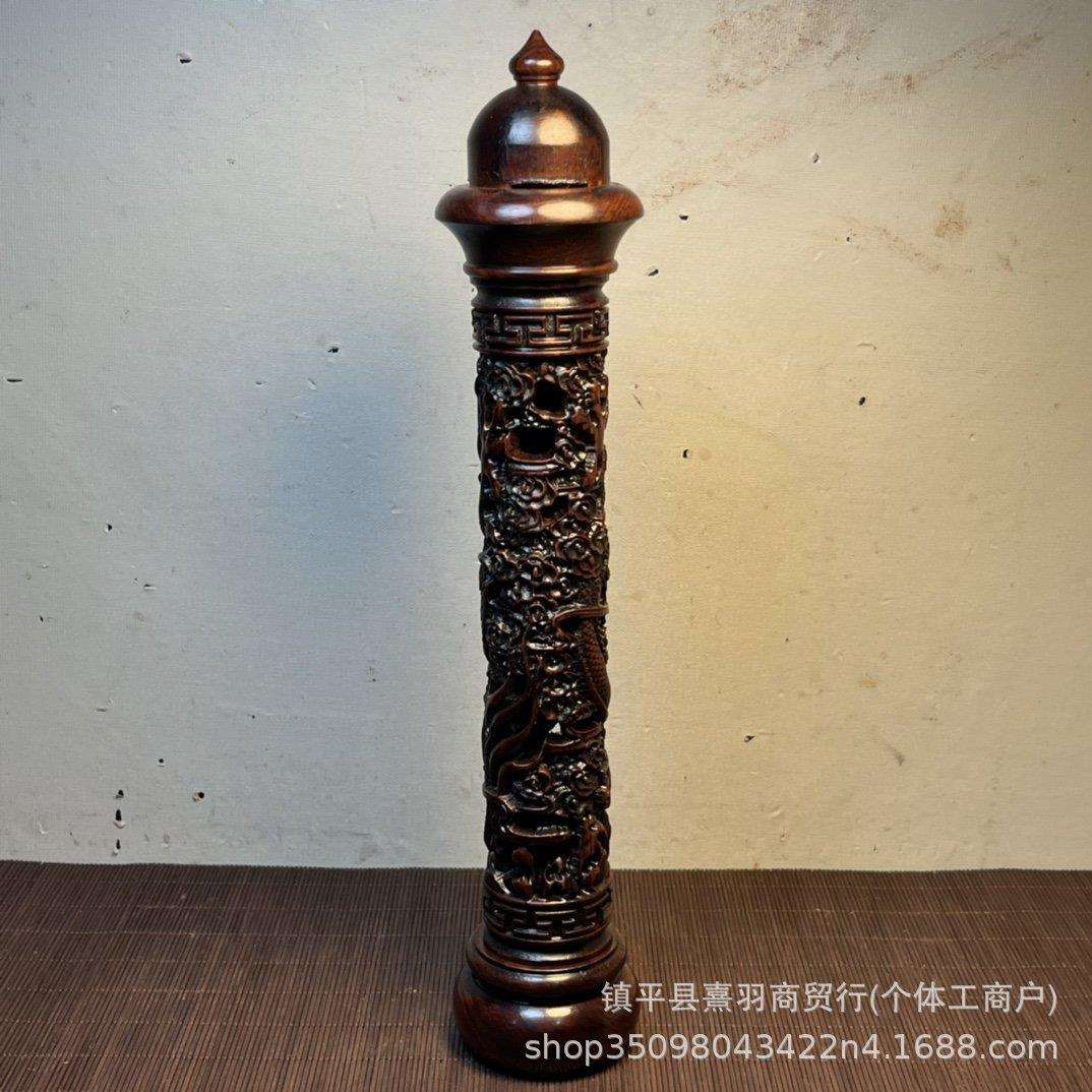 旧藏仿古草花梨木雕刻圆形香筒花梨木镶贝壳龙图香筒四方香筒