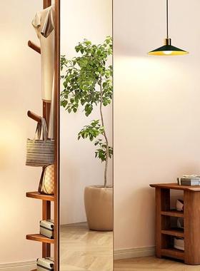 全身镜落地实木家用穿衣镜可旋转移动试衣镜带挂衣架一体镜子