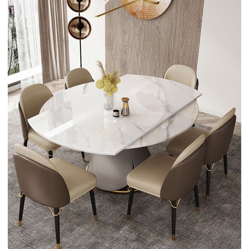 岩板餐桌伸缩旋转折叠可变圆桌现代简约小户型餐桌椅组合大圆桌