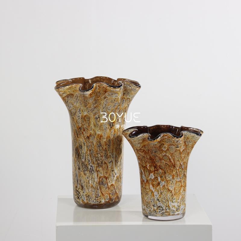 彩色肌理褶皱大口径花边中古风花瓶北欧手工白菜口花器软装饰摆件