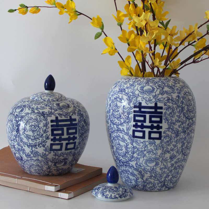 青花瓷喜字陶瓷花瓶中式陶瓷花瓶花盆插花复古摆件新房储物罐带盖