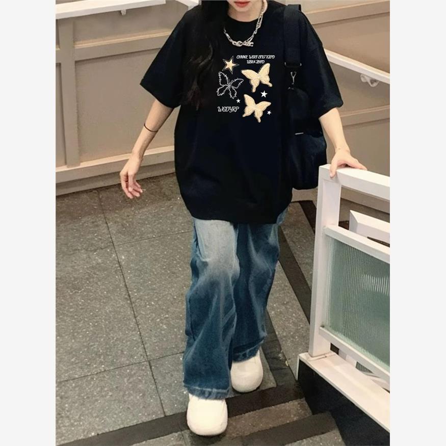 黑色设计感短袖女2025新款纯棉宽松oversize小个子正肩t恤女上衣