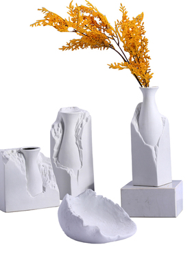 现代新中式d创意白色陶瓷山石花瓶摆件设计师样板房软装插花器果