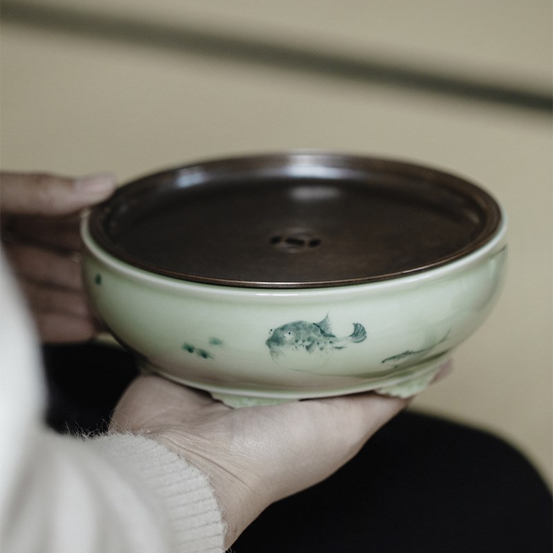 庭野堂 a陶瓷蓄水铜盖小碎花星河壶承功夫茶具茶道配件干泡盘茶台