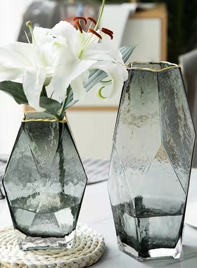 轻奢冷纹描金边h波浪口几何玻璃花瓶灰色透明插花百合欧式家居摆