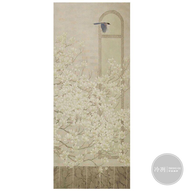 客厅卧室中法式花鸟装饰画高级感竖版挂画入户玄R关中古风手绘油