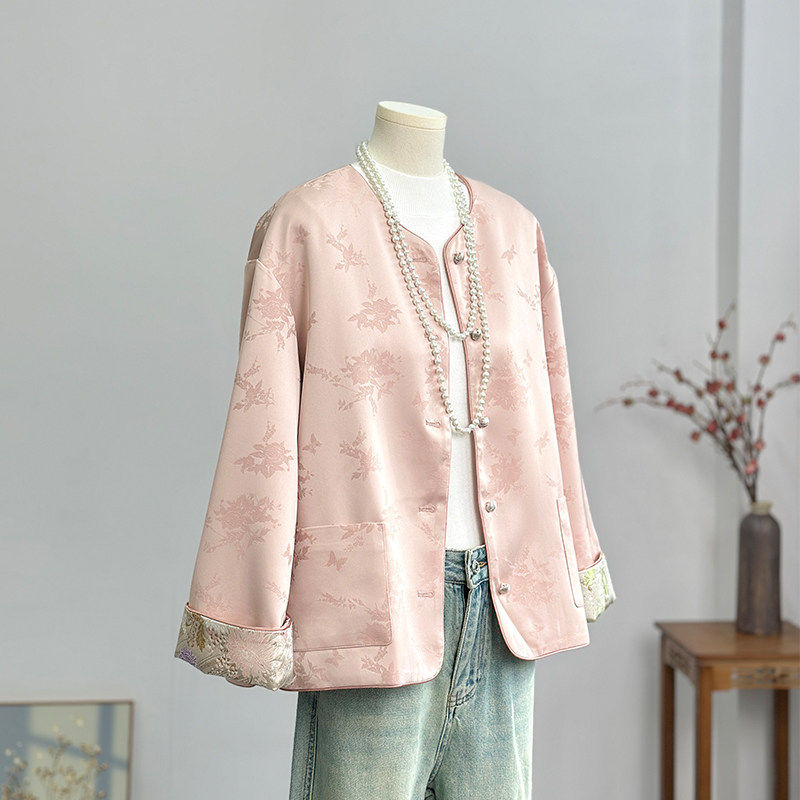 高级感年轻国风粉色新中式外套宋锦提花缎面春秋高端刺绣唐装上衣