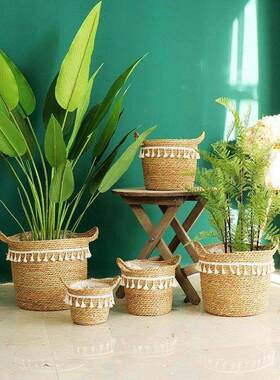 流苏背款北欧袋藤编草编花篮花盆编织篮子编0000001客织大花盆厅