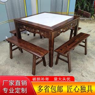 新中式实木碳化仿古雕花饭店酒店大理石桌农家乐面馆茶社岩板桌椅