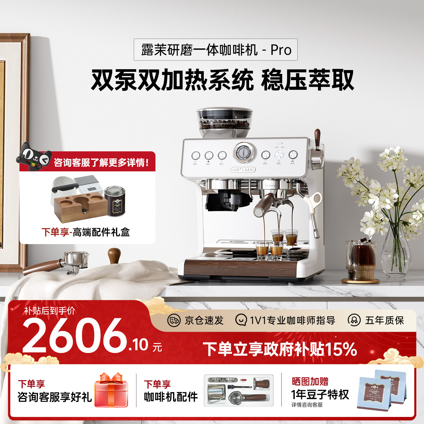 【补贴15%】露茉Pro咖啡机家用小型半自动意式研磨一体双泵双加热
