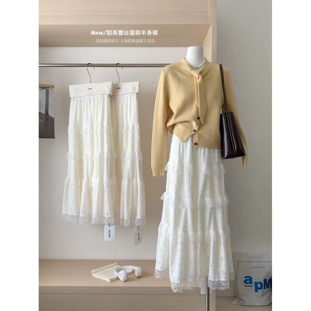 秋冬拼接蕾丝半身裙女A字遮跨显瘦百搭甜美少女风提花仙女蕾丝裙,女装/女士精品,大码半身裙,淘宝优惠券,粉丝福利购,淘宝优惠卷